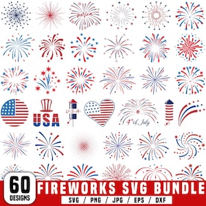 May include: A digital collection of 60 patriotic graphic designs featuring red, white, and blue fireworks, American flags, a top hat, and rockets. The set includes text elements like 'merica', 'USA', and '4th of July' in various artistic styles.