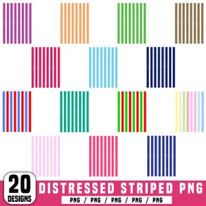 May include: A collection of 20 distressed striped PNG designs in various colors, including purple, orange, green, pink, blue, and red. The designs feature vertical stripes on a white background, with the text "DISTRESSED STRIPED PNG" at the bottom.