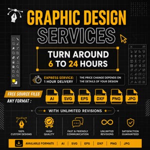 May include: A graphic design services advertisement on a black background with yellow and white text. The text includes "Graphic Design Services", "Turn Around 6 to 24 Hours", and file format icons. Additional text highlights features like unlimited revisions.