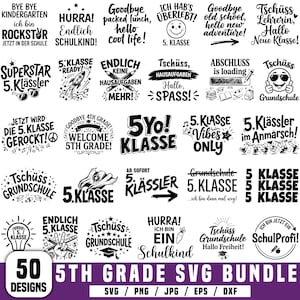 Könnte beinhalten: Eine Sammlung von 50 schwarz-weißen digitalen Designs mit Texten und Grafiken zum Abschluss der Grundschule und zum Start in die 5. Klasse. Sprüche wie Tschüss Grundschule, 5. Klasse Vibes Only und Ich hab's überlebt sind enthalten.