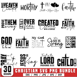 Może przedstawiać: Zestaw 30 chrześcijańskich wzorów SVG i PNG. Wzory zawierają inspirujące słowa i frazy, takie jak "Wiara", "Nadzieja" i "Miłość", a także symbole religijne, takie jak krzyże. Zestaw zawiera różne formaty plików.