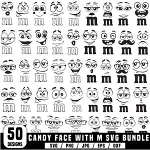 Könnte beinhalten: Schwarz-weiße Grafik mit 50 verschiedenen Candy-Gesichtern mit dem Buchstaben "M". Jedes Gesicht hat einen einzigartigen Ausdruck. Der Text "CANDY FACE WITH M SVG BUNDLE" und Dateitypoptionen sind enthalten.