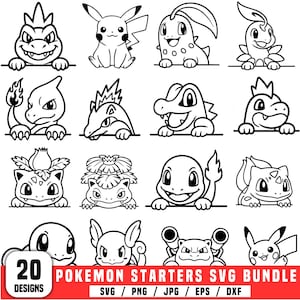 Może przedstawiać: Czarno-biały pakiet SVG z 20 wzorami startowymi Pokemon. Projekty obejmują różne postacie Pokemon, każda z unikalnym wyrazem twarzy. Tekst "Pokemon Starters SVG Bundle" jest dołączony.