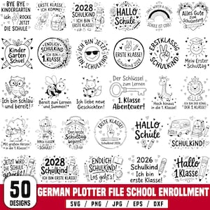 Pode incluir: Uma coleção de 50 designs digitais em preto e branco com ilustrações sobre o tema escolar, incluindo animais, material escolar e textos motivacionais para alunos do primeiro ano, apresentados em uma grade para projetos de artesanato.
