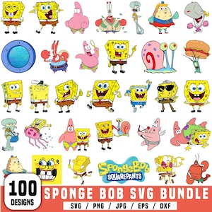Puede incluir: Un conjunto de 100 diseños de Bob Esponja en formatos SVG, PNG, JPG, EPS y DXF. La imagen presenta varios personajes de dibujos animados, incluyendo a Bob Esponja, Patricio Estrella y Calamardo, en colores vibrantes.