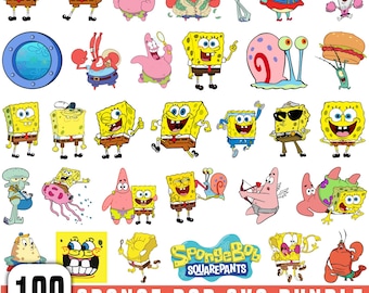 May include: A collection of 100 SpongeBob SquarePants designs in SVG, PNG, JPG, EPS, and DXF formats. The image features various cartoon characters, including SpongeBob, Patrick Star, and Squidward, in vibrant colors.