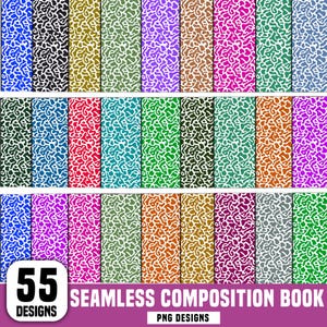 Könnte beinhalten: Eine Sammlung von 55 nahtlosen digitalen Mustern mit dem klassischen Marmordesign von Notizbüchern in verschiedenen Farben wie Blau, Schwarz, Gold, Grün, Lila, Braun, Pink, Orange und Grau, beschriftet mit 55 DESIGNS SEAMLESS COMPOSITION BOOK PNG DESIGNS.