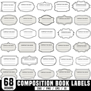 May include: A set of 68 composition book labels in diverse shapes. Each label has the text "COMPOSITION BOOK" and a blank space. The labels are in black and white, with a light grey fill. The image also includes file type information.
