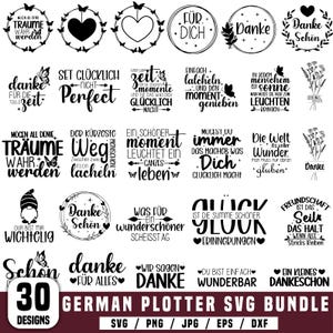 Op de afbeelding: Een verzameling van 30 Duitse SVG-ontwerpen, met verschillende cirkelvormige en bloemelementen met zinnen als "Danke" en "Glück". De ontwerpen zijn in zwart en wit, geschikt voor knutselprojecten.
