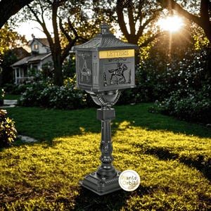 May include: A black, ornate mailbox with a decorative roof and a post. The mailbox has the word "LETTERS" in gold lettering. The front of the mailbox features a horse and rider design. The mailbox is set in a grassy yard.