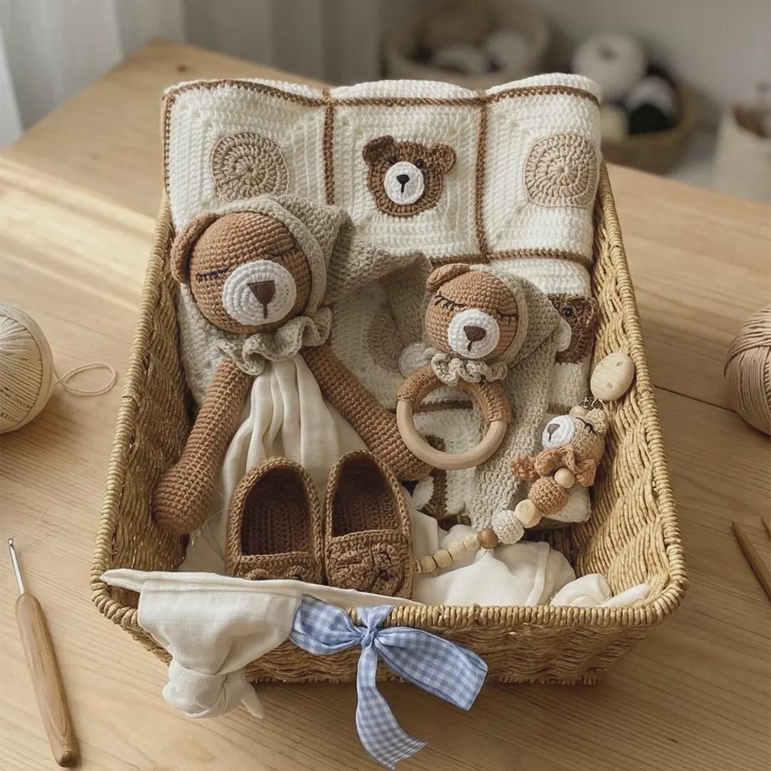 Handmade Crochet Baby Gift Set, Teddy Bear Lovey, Rattle, Pacifier Clip ...