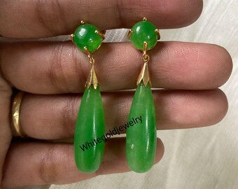 Boucles D'Oreilles Anciennes En Jade Et Plaqué Or - Style Puces/Clous - Occasion