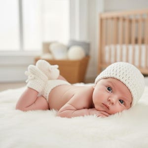 May include: A newborn baby wearing a white crocheted hat, diaper cover, and booties, lying on a white fluffy rug. The baby is looking directly at the camera. A wooden crib is in the background.