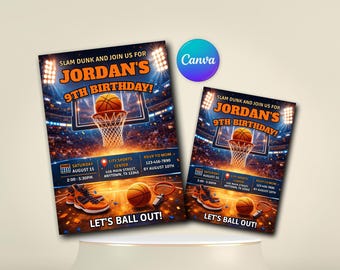 Verjaardagsuitnodiging basketbal | Sportverjaardagsuitnodiging | Uitnodiging basketbalfeest jongens | Bewerkbare afdrukbare uitnodiging | Basketbalfeest