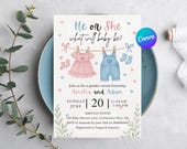 Gender Reveal Invitation | He or She What Will Baby Be | Editable Baby Shower Invite | Pink & Blue Clothesline Theme | Printable Template