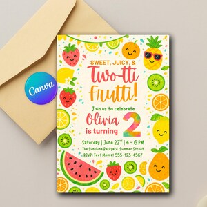 Puede incluir: Una colorida invitación con el texto "Sweet, Juicy, & Two-tti Frutti!" y dibujos de frutas sonrientes. La invitación es para el 2º cumpleaños de Olivia, con detalles del evento.