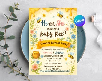 Gender Reveal-uitnodiging honingbij | Hij of zij (digitale download)
