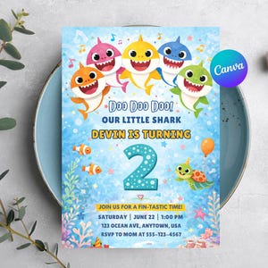 Baby Shark Birthday Invitation  Doo Doo Shark Party Invite | Baby Shark Birthday Invite | 2nd Birthday Boy Invitation | Editable invite
