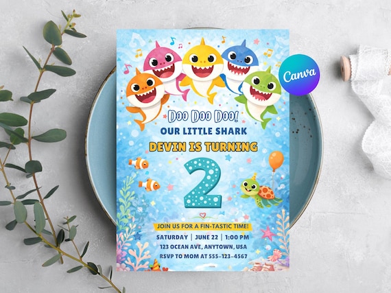 Baby Shark Birthday Invitation  Doo Doo Shark Party Invite | Baby Shark Birthday Invite | 2nd Birthday Boy Invitation | Editable invite