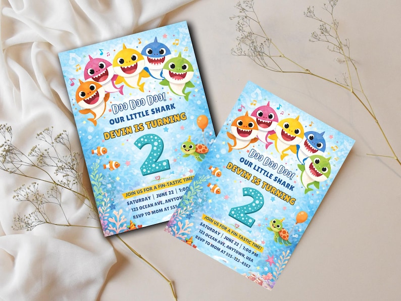Baby Shark verjaardagskaart | Doo Doo Shark feestuitnodiging | Baby Shark verjaardagskaart | Uitnodiging voor de 2e verjaardag van een jongen | Bewerkbare uitnodiging afbeelding 2