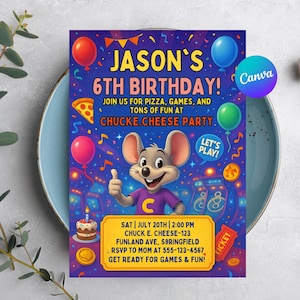 Może przedstawiać: Kolorowe zaproszenie urodzinowe z napisem "JASON'S 6TH BIRTHAY!". Zawiera postać myszy z kreskówki i zapowiada imprezę w Chuck E. Cheese, z balonami, pizzą i grafiką z grami.