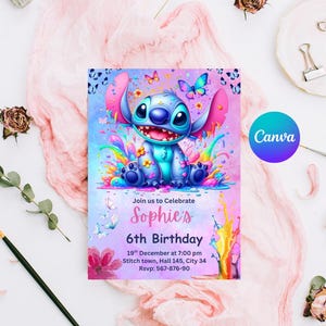 Peut inclure: Une invitation d'anniversaire colorée avec un personnage de dessin animé. L'invitation indique "Join us to Celebrate Sophie's 6th Birthday" avec les détails de l'événement. Le design comprend des papillons et des éclaboussures de peinture.