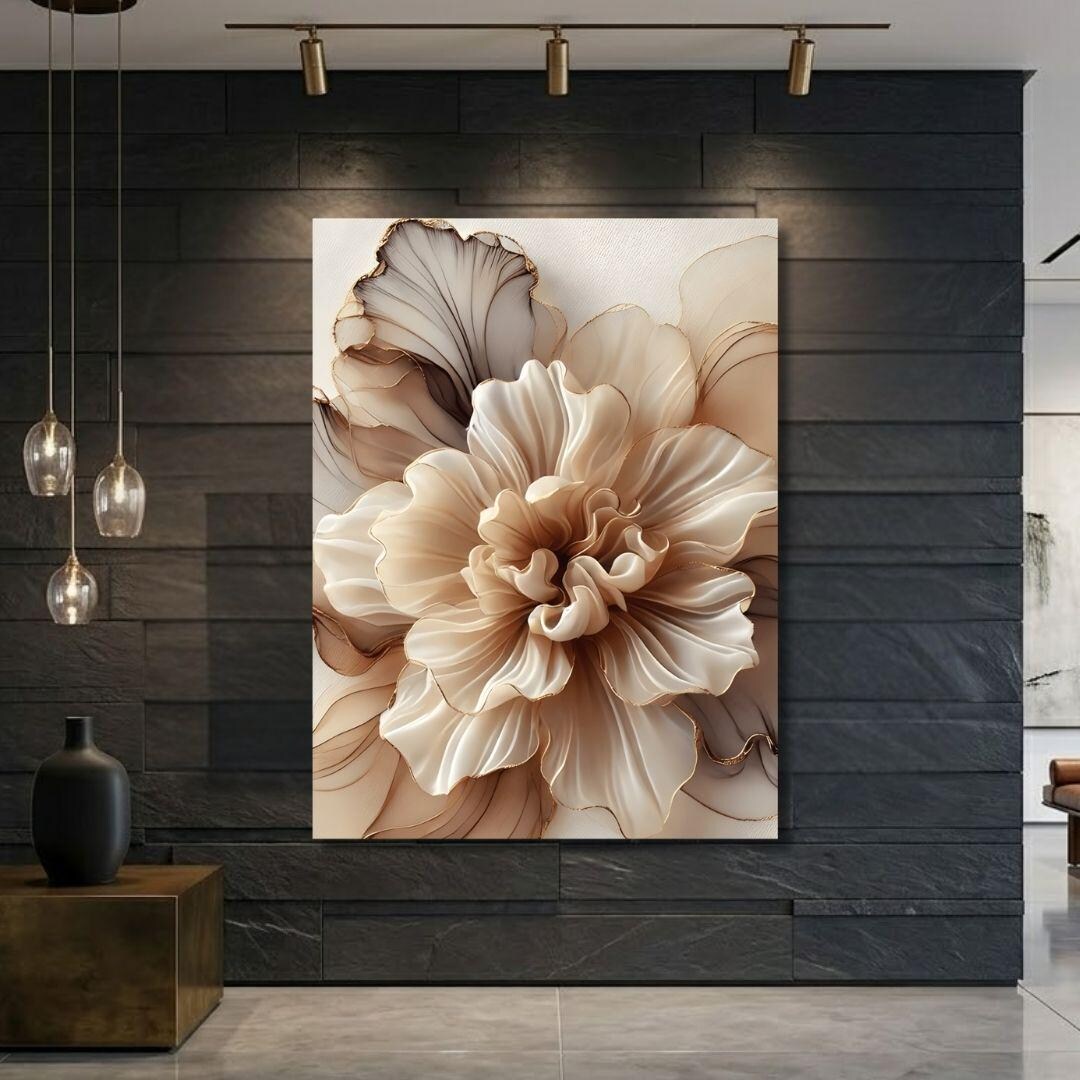 Neutral Beige Flower Canvas, 3D Effect Floral Art, Maximalist Wall Art ...