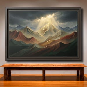 May include: A framed landscape painting depicts a mountain range under a dramatic sky. The artwork features a palette of blues, browns, and greens, with a beam of light illuminating the central peak. The painting is displayed above a wooden bench.