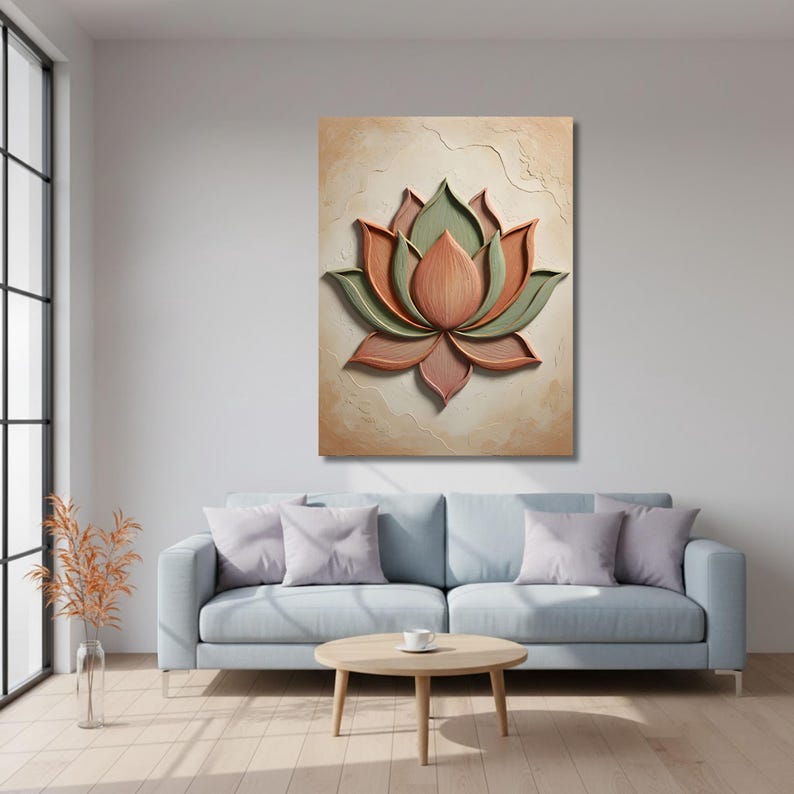 Lienzo decorativo de loto, decoración botánica de terracota y salvia, efecto 3D para sala de meditación. imagen 12