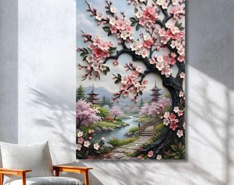 Japanese Cherry Blossom Wall Art, Zen Garden Canvas, Sakura Landscape Asian Decor