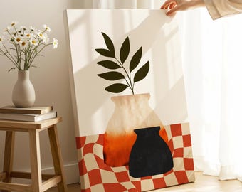 Mid-Century Modern Vasen Leinwanddruck | Minimalistische Terrakotta Pflanzenwandkunst | Boho Schachbrett Dekor