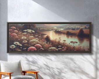 Könnte beinhalten: Ein panoramisches Wandbild in einem dunklen Rahmen, das einen Fluss zeigt, der sich bei Sonnenuntergang durch ein Tal schlängelt. Der Vordergrund ist mit weißen und rosafarbenen Wildblumen und hohem Gras gefüllt, während im Hintergrund Hügel liegen.