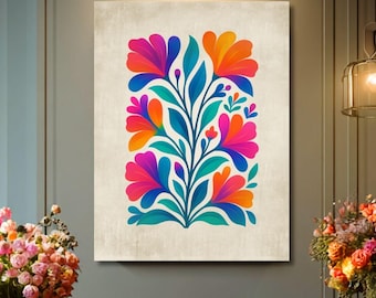 May include: A vibrant floral art print featuring stylized flowers in shades of pink, orange, blue, and purple. The artwork has a cream-colored background and is framed, suitable for home decor.