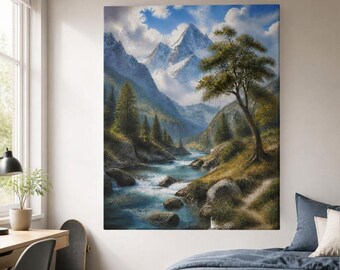 Könnte beinhalten: Ein rechteckiger Wandkunstdruck, der eine Berglandschaft mit einem fließenden Fluss, felsigen Ufern und einem markanten Baum im Vordergrund zeigt. Die Szene zeigt schneebedeckte Gipfel unter einem blauen Himmel mit weißen Wolken im Malstil.
