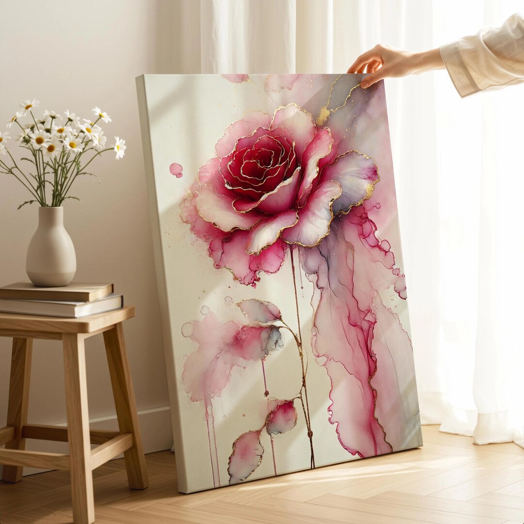 Pink Rose Canvas Print | Modern Fluid Art Floral Decor - Etsy