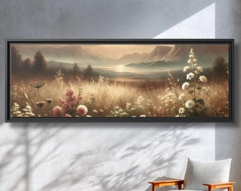 Könnte beinhalten: Ein gerahmtes Landschaftsgemälde zeigt eine ruhige Wiesenlandschaft. Das Kunstwerk zeigt ein Feld mit hohem Gras und Wildblumen in Rosa-, Weiß- und Gelbtönen, mit Bergen im Hintergrund.