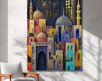 Könnte beinhalten: Ein vertikaler Wandkunstdruck, der ein stilisiertes Stadtbild mit Kuppeln und Türmen in Gold-, Blau- und Violetttönen zeigt. Die Architektur weist komplizierte Muster und Bogentüren vor einem dunklen, strukturierten Hintergrund auf.
