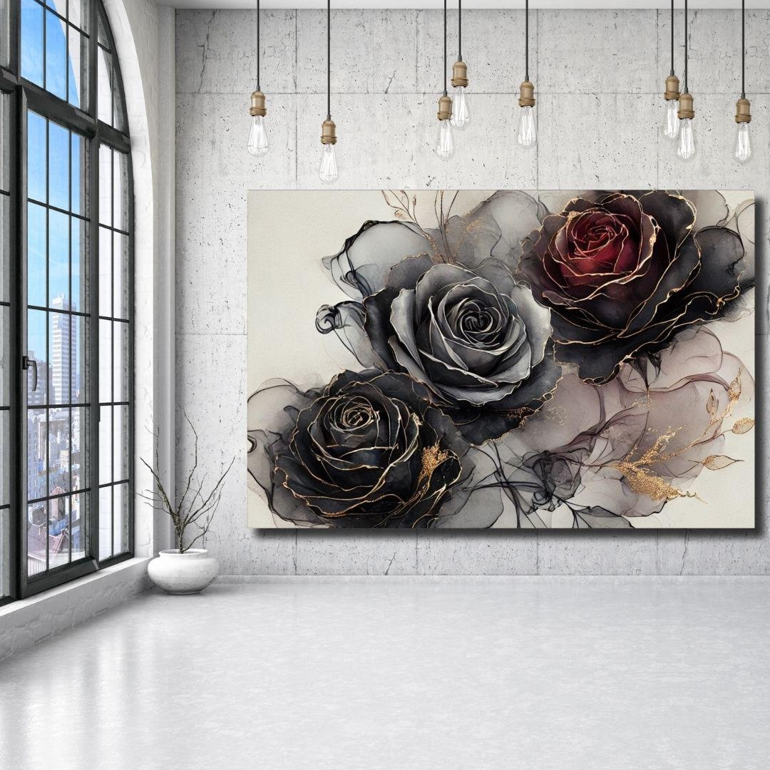 Moody Black Red Roses Canvas Gold, Alcohol Ink Floral Wall Art Gothic ...