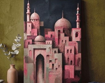 Könnte beinhalten: Ein rechteckiger Wandkunstdruck mit einer stilisierten architektonischen Szene aus rosafarbenen Gebäuden mit Kuppeln und Minaretten vor einem dunklen, strukturierten Hintergrund. Das Kunstwerk zeigt eine geschichtete Komposition aus geometrischen Formen.