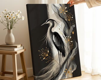 Stampa su tela astratta di airone / Arte fluida con accenti dorati, arredamento moderno per la casa