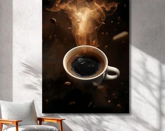 Könnte beinhalten: Eine weiße Keramik-Kaffeetasse gefüllt mit schwarzem Kaffee vor einem dunklen Hintergrund. Goldene Dampfschwaden steigen aus der Flüssigkeit auf, während verstreute geröstete Kaffeebohnen in einer dynamischen Anordnung um die Tasse herum in der Luft schweben.