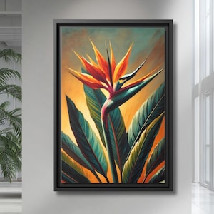 May include: A framed canvas print depicting a Bird of Paradise flower. The artwork displays the flower's orange and yellow petals, a red stem, and large green leaves against a warm, golden backdrop. The black frame provides a contemporary finish.