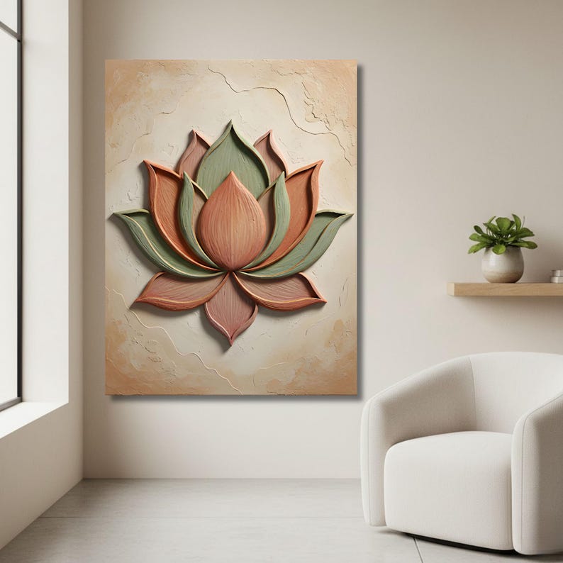 Lienzo decorativo de loto, decoración botánica de terracota y salvia, efecto 3D para sala de meditación. imagen 11
