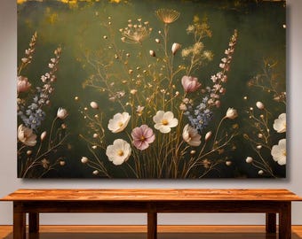 Vintage Wildblumen Landschaft Leinwand, Stimmungsvolle Dunkelgrüne Botanische Wand Kunst, Cottagecore Schlafzimmer Dekor