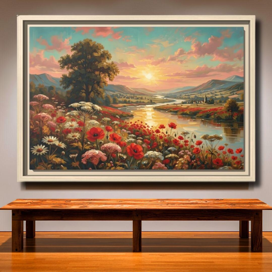 Sunset River Landscape Canvas Art, Wildflower Meadow Wall Decor ...