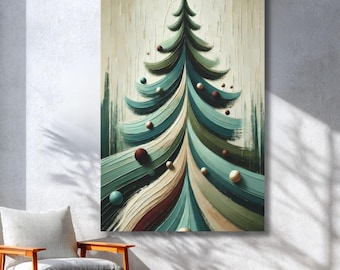 Könnte beinhalten: Ein vertikaler Wandkunstdruck, der einen abstrakten, stilisierten Weihnachtsbaum zeigt, der mit dicken, strukturierten Pinselstrichen in Blaugrün, Salbeigrün, Creme und Dunkelrot gemalt ist, mit kleinen, runden, kugelartigen Verzierungen.