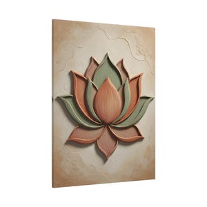 Lienzo decorativo de loto, decoración botánica de terracota y salvia, efecto 3D para sala de meditación. imagen 15