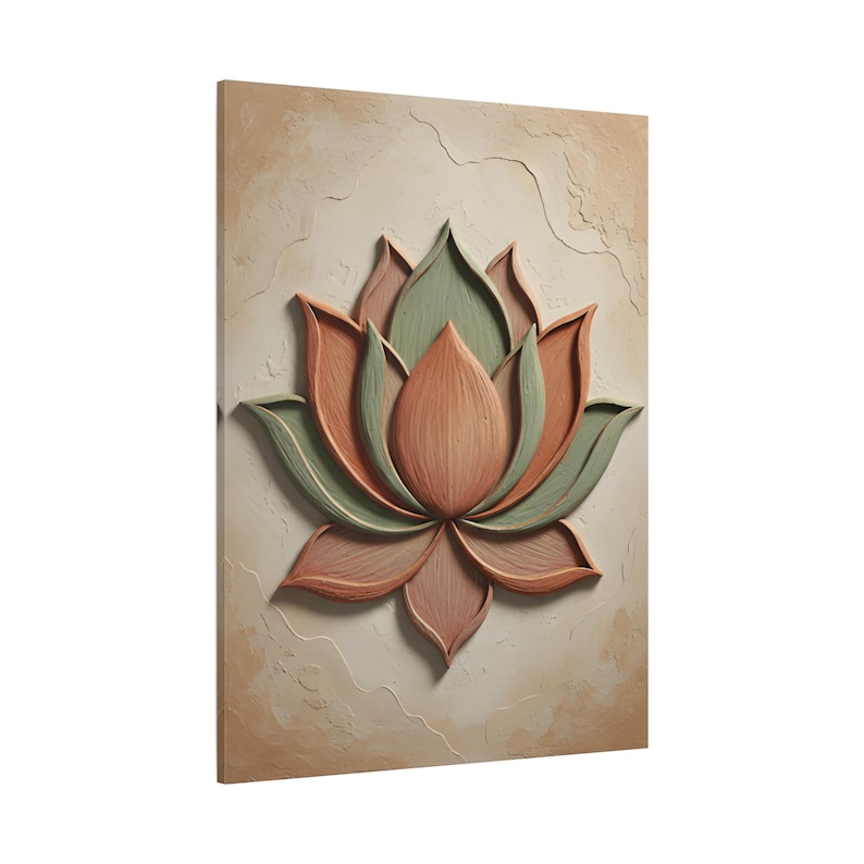 Lienzo decorativo de loto, decoración botánica de terracota y salvia, efecto 3D para sala de meditación. imagen 15