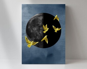 Uccelli dorati e luna su tela / Arte mistica del cielo