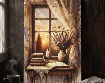 Könnte beinhalten: Ein Leinwanddruck zeigt einen Fensterblick bei Sonnenuntergang mit einem Bücherstapel, einem aufgeschlagenen Buch, einer brennenden Kerze und einer Vase mit Lavendel auf einem Holztisch. Ein Spitzengardinenbehang hängt an der Seite des Fensters.